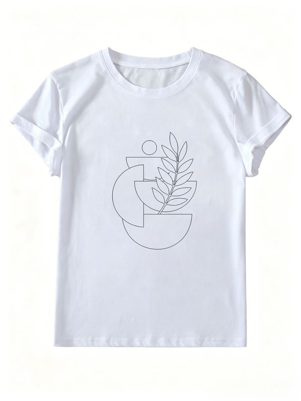 Summer Ladies Fashion Boho Abstract Geometry Plant Outline Graphic Short Sleeve Crew Neck Casual Top_ecoleips.com