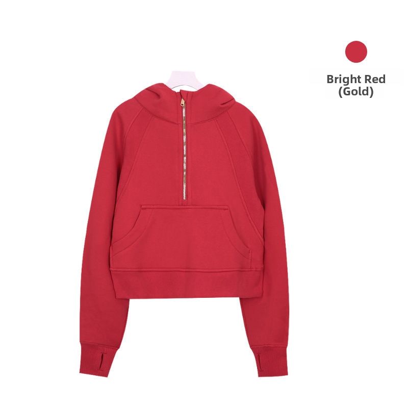 Women's Clothing Embroidered Hoodie Half Zip Loose Fit Fleece Lined Jacket Warm Top For Sports Yoga_ecoleips.com