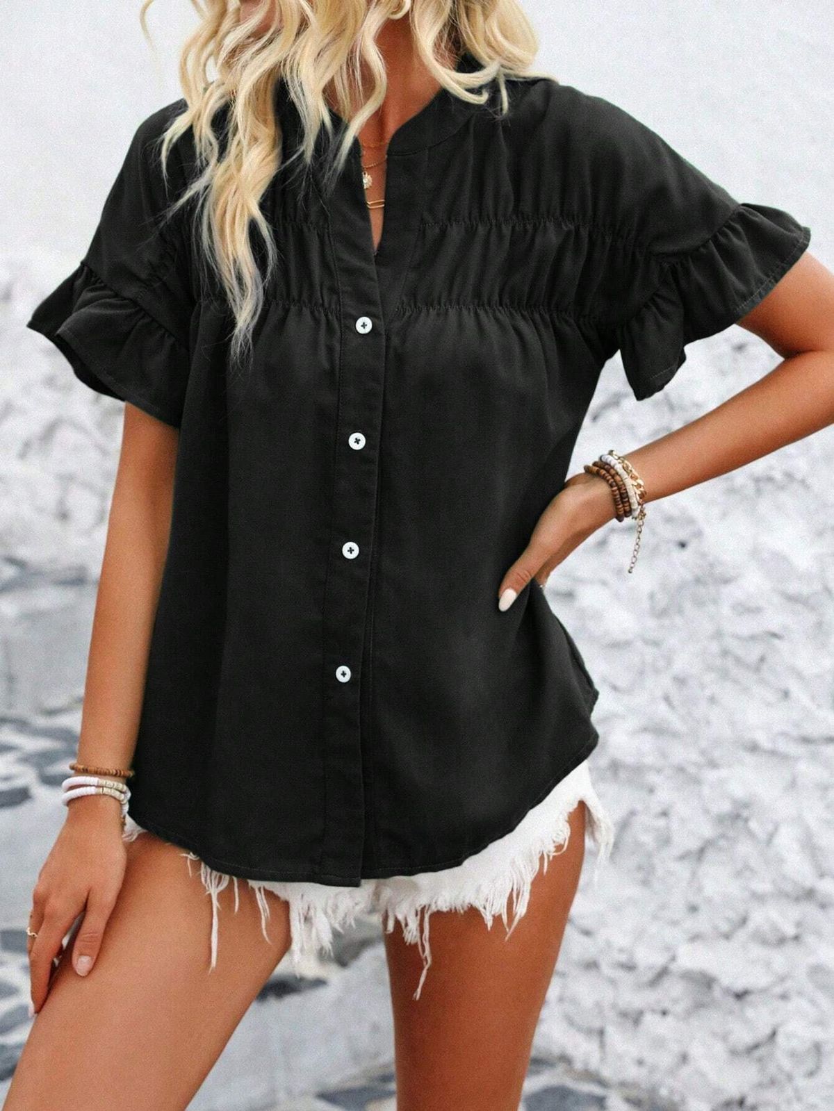 K Women's Casual Short Sleeved Pleated Shirt Button Solid Color Stand Up Collar Shirt_ecoleips.com