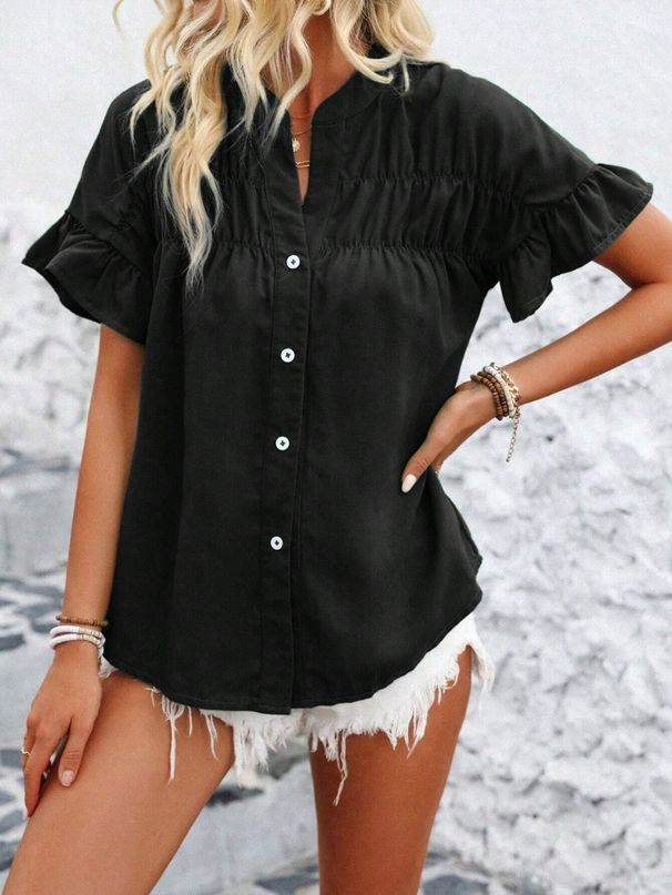 K Women's Casual Short Sleeved Pleated Shirt Button Solid Color Stand Up Collar Shirt_ecoleips.com