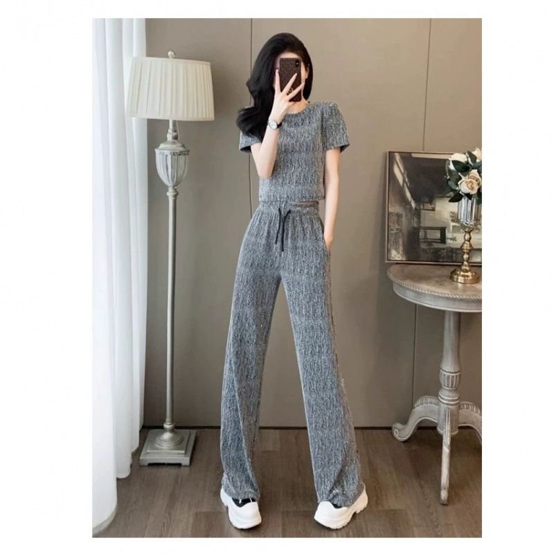 2025 Women's Summer Sports Slimming Design Waist-Cinching Top Wide-Leg Pants Two-Piece Set_ecoleips.com