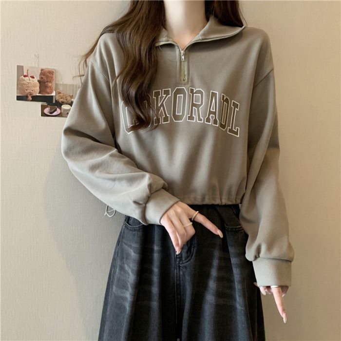 Ins Super Popular Drawstring Hem Polo Collar Sweatshirt For Women Early Autumn Thin Loose Fit Petite Short Half-Zip Top_ecoleips.com