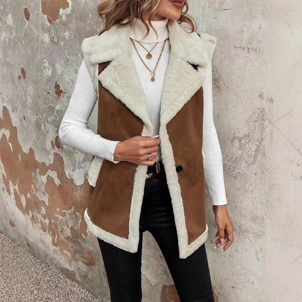 Women's Sleeveless Long Vest With Faux Shearling Trim, Oversized Open Front Cardigan, Boho Chic Layering Piece For Fall & Winter_ecoleips.com