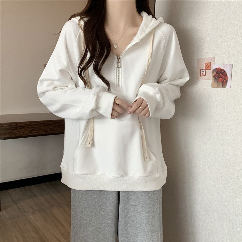 American-style Real-shot Hooded White Mid-length Plus-size Sweatshirt For Women, Spring And Autumn Thin Half-zip_ecoleips.com