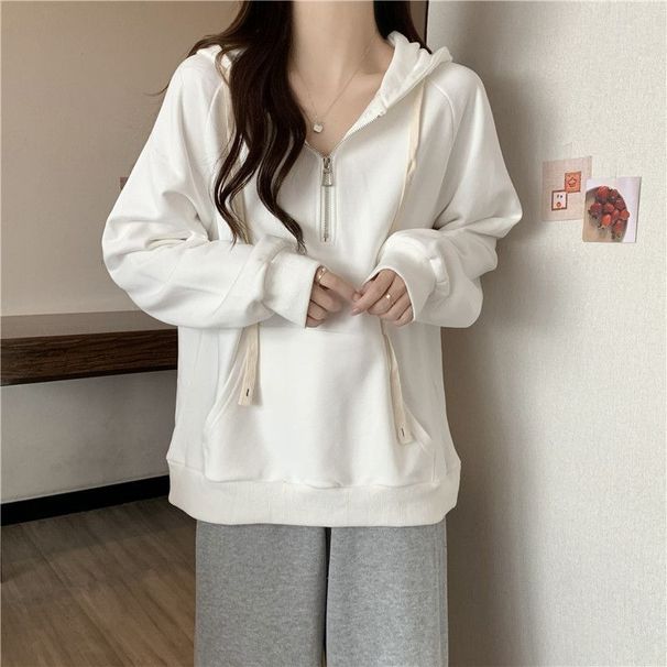 American-style Real-shot Hooded White Mid-length Plus-size Sweatshirt For Women, Spring And Autumn Thin Half-zip_ecoleips.com