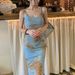 Blue Tie-Dye Bodycon Dress - Sexy Spaghetti Strap Long Slit Dress For Women Summer Fashion Clubwear & Party_ecoleips.com