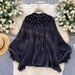Women's Clothing Loose Fitting Casual Top Court Style Heavily Embellished Beading Rhinestones Lantern Sleeves Tassels Mesh_ecoleips.com