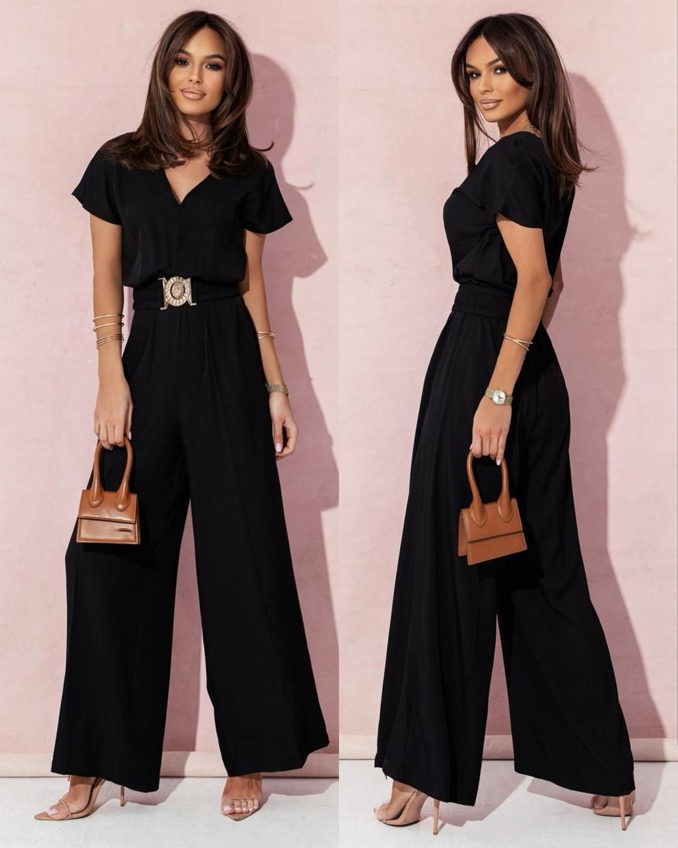Women's Solid Color V Neck Casual Jumpsuit Short Sleeved Waist Trousers Clothing_ecoleips.com