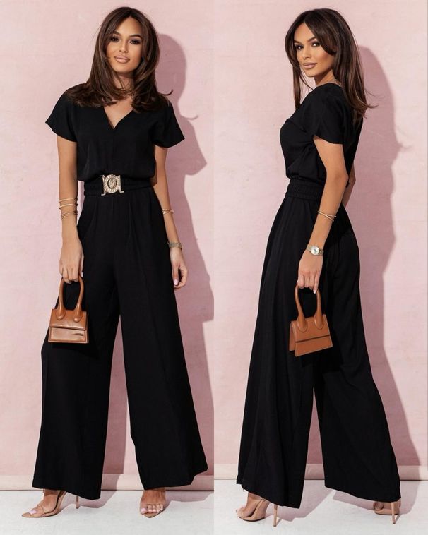 Women's Solid Color V Neck Casual Jumpsuit Short Sleeved Waist Trousers Clothing_ecoleips.com