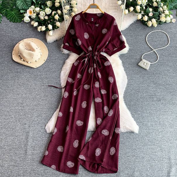 Women's Sexy V Neck Jumpsuit Single Breasted Slimming Printed Wide Leg Trousers Tie Waist Summer Romper_ecoleips.com