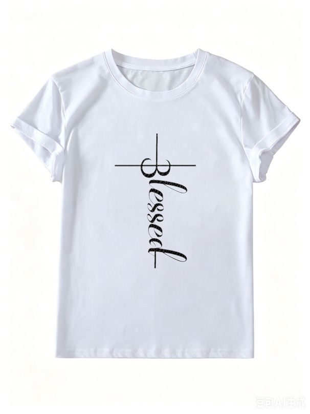 Women’s Minimal Graphic Print Tee, Lightweight Short Sleeve Round Neck Top For Daily Casual Wear_ecoleips.com