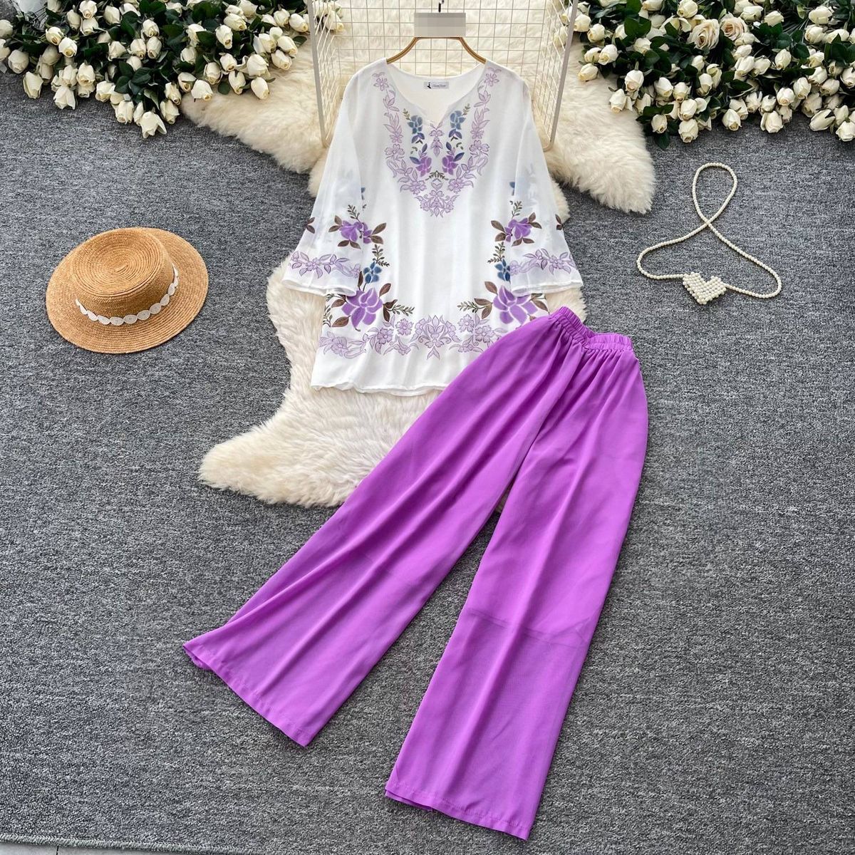 Women's Commuter Style Two Piece Set Printed Bell Sleeve Top And High Waisted Wide Leg Pants Relaxed Elegant Autumn Outfit_ecoleips.com