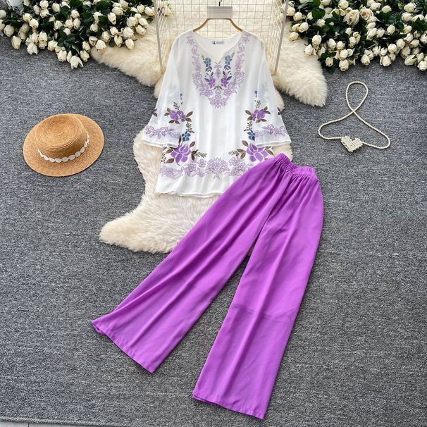 Women's Commuter Style Two Piece Set Printed Bell Sleeve Top And High Waisted Wide Leg Pants Relaxed Elegant Autumn Outfit_ecoleips.com
