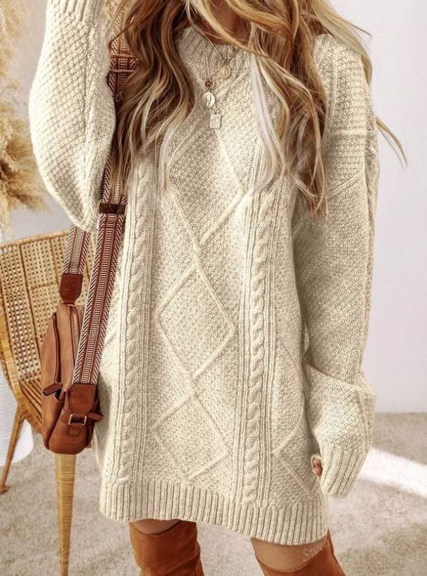 Oversized Knit Sweater Dress – Women's Long Sleeve Casual Tunic In Soft Polyester (Black/Army Green/Khaki/Caramel/White)_ecoleips.com