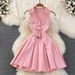Denim Skirt Design Halter Neck Waist Short Small A Line Puffy Pleated Dress_ecoleips.com