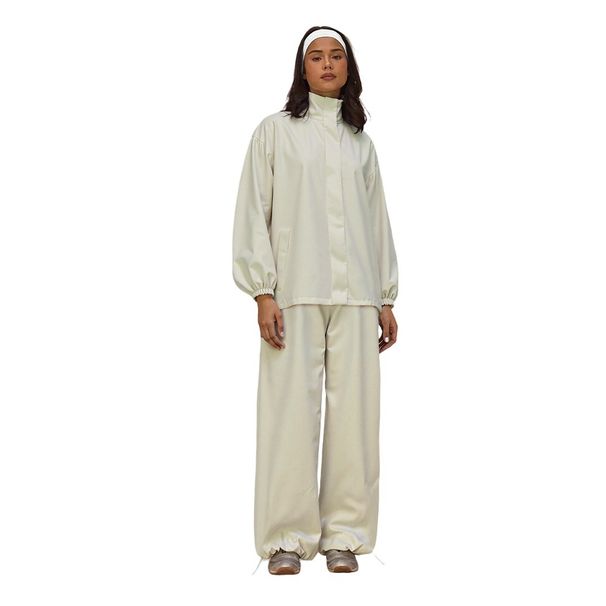 Voya Spring New Apricot Stand Up Collar Sports Suit Women's Loose Casual Long Sleeved Top Wide Leg Pants Two-piece Set_ecoleips.com