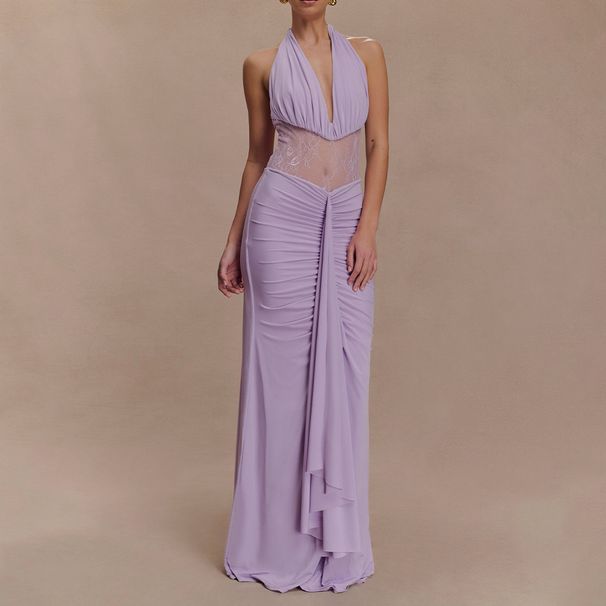 Elegant Long Dress European American Style Backless Ribbon Waist Cinching Deep V Neck Lace Sexy Phoenix Dress for Women_ecoleips.com