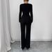 Women's Elegant Long Sleeve Square Neck Jumpsuit Contrast Panel Detail Slim Fit for Spring And Fall_ecoleips.com