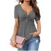 Elegant V-Neck Twist Front Short Sleeve Blouse | Stretchy Polyester Spandex Pullover Top For Women's Casual & Office Wear_ecoleips.com