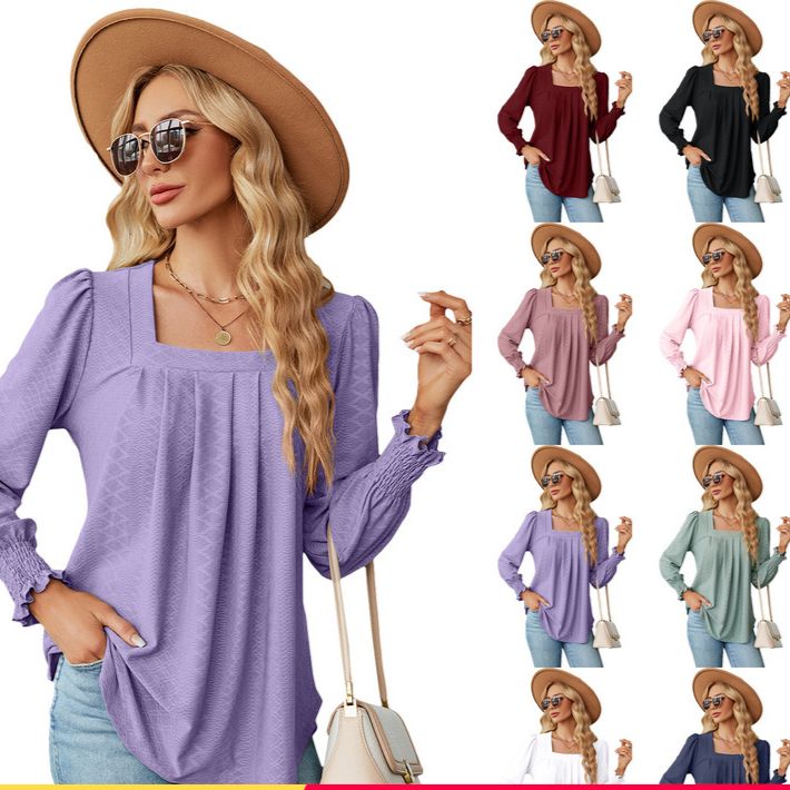 Women's Clothing Autumn And Winter New Jacquard Pleated Square Collar Long Sleeved Swallowtail Solid Color T Shirt Female_ecoleips.com