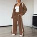 Plus Size Women's Casual Streetwear Set - Zip-Up Hoodie & Straight Leg Pants Two-Piece Outfit (0XL-5XL, Beige/Brown)_ecoleips.com