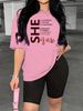 Summer Women's Casual Fashion She Letter Fashion Printed Loose T-shirt+shorts Two-piece Sportswear Suitable For Daily Wear-36_ecoleips.com