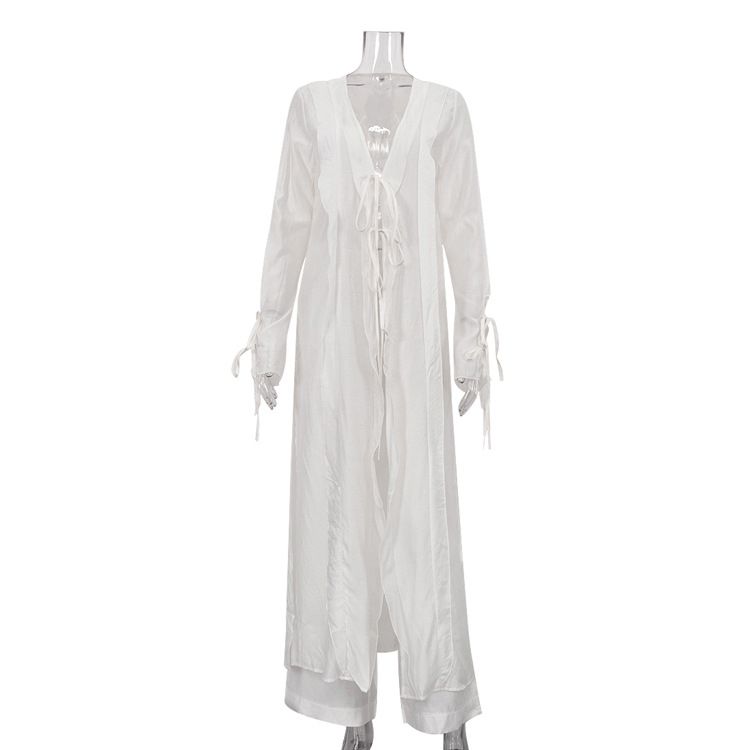 Sexy See through Belted Waist Long Robe And Pants Set Women's Two Piece European American Style Spring Autumn Clothing_ecoleips.com