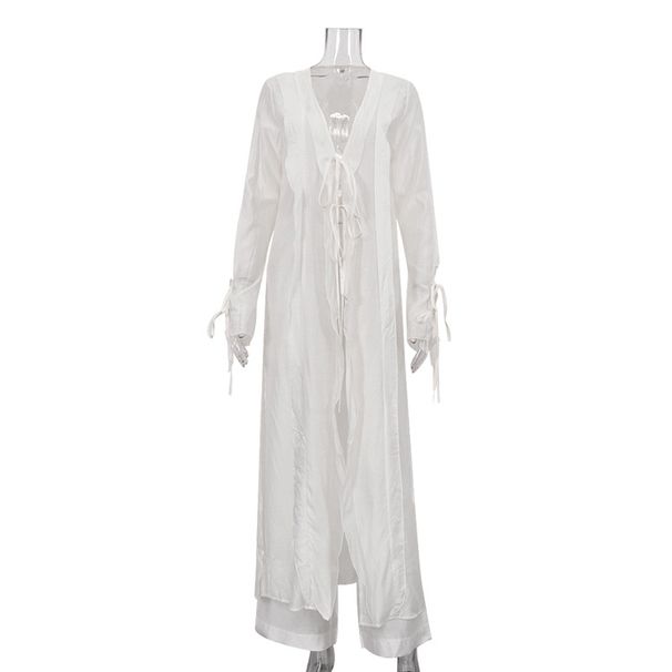 Sexy See through Belted Waist Long Robe And Pants Set Women's Two Piece European American Style Spring Autumn Clothing_ecoleips.com