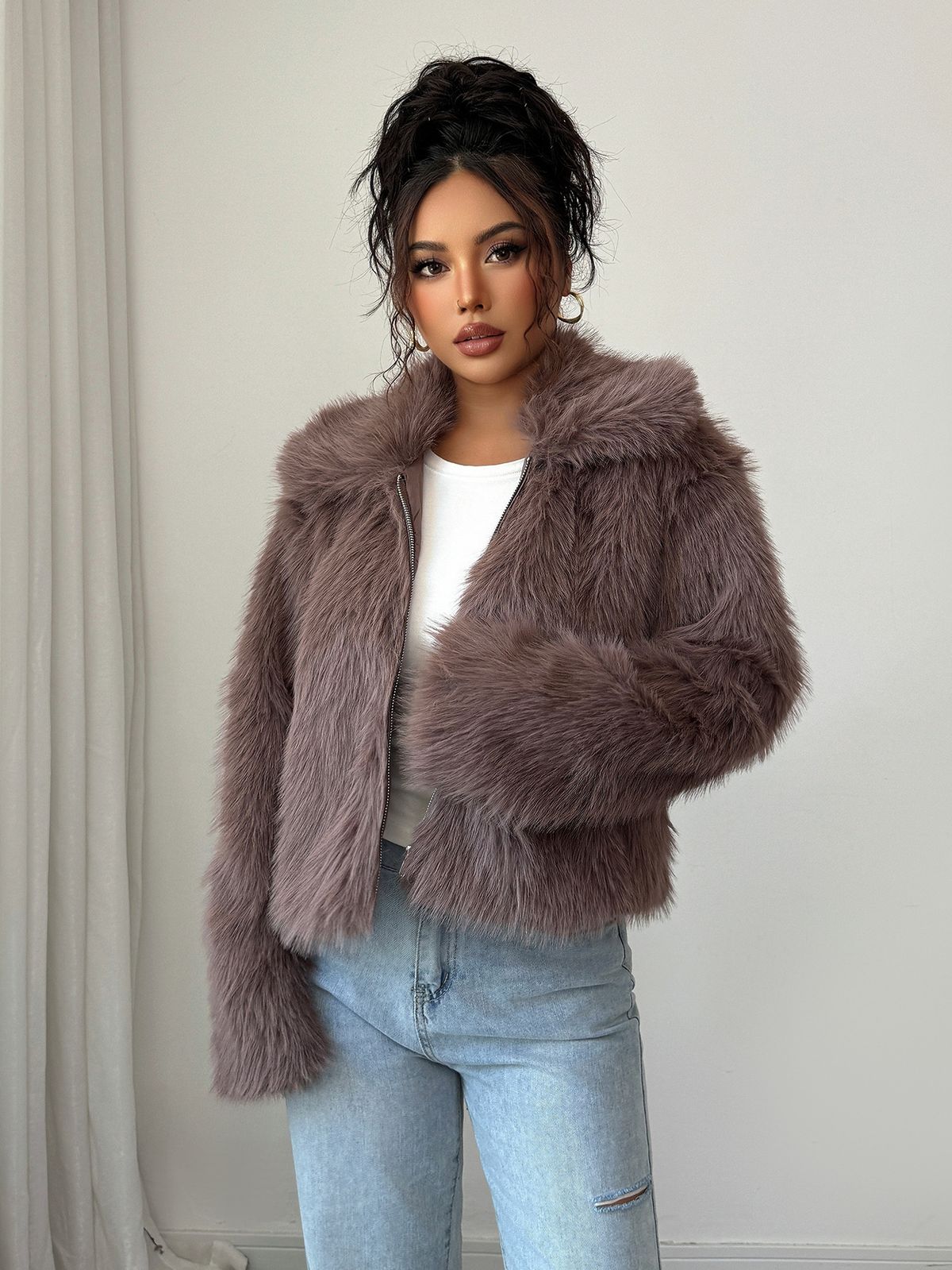 Women's Elegant Fleece Coat – Soft Faux Fur & Polyester Blend, Long Sleeve Winter Coat, Versatile Casual Outerwear_ecoleips.com