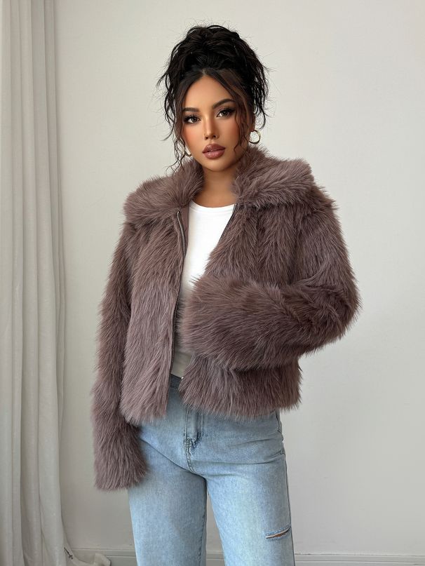 Women's Elegant Fleece Coat – Soft Faux Fur & Polyester Blend, Long Sleeve Winter Coat, Versatile Casual Outerwear_ecoleips.com