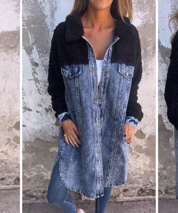 Women's Clothing Autumn Denim Splicing Fur Coat Shirt Loose Long Sleeve Top Denim Shirt_ecoleips.com