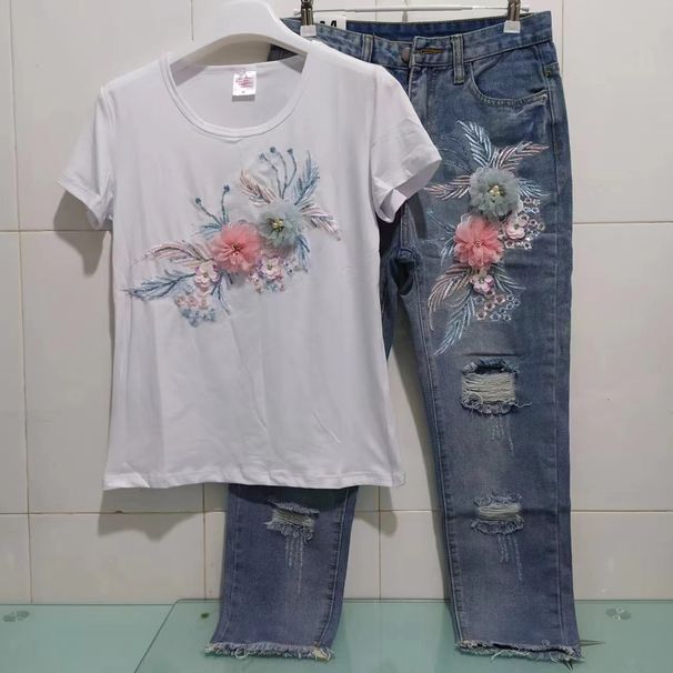 Women's Clothing popular women's fashion suit summer embroidered three dimensional flower T shirt + ripped nine point jeans_ecoleips.com