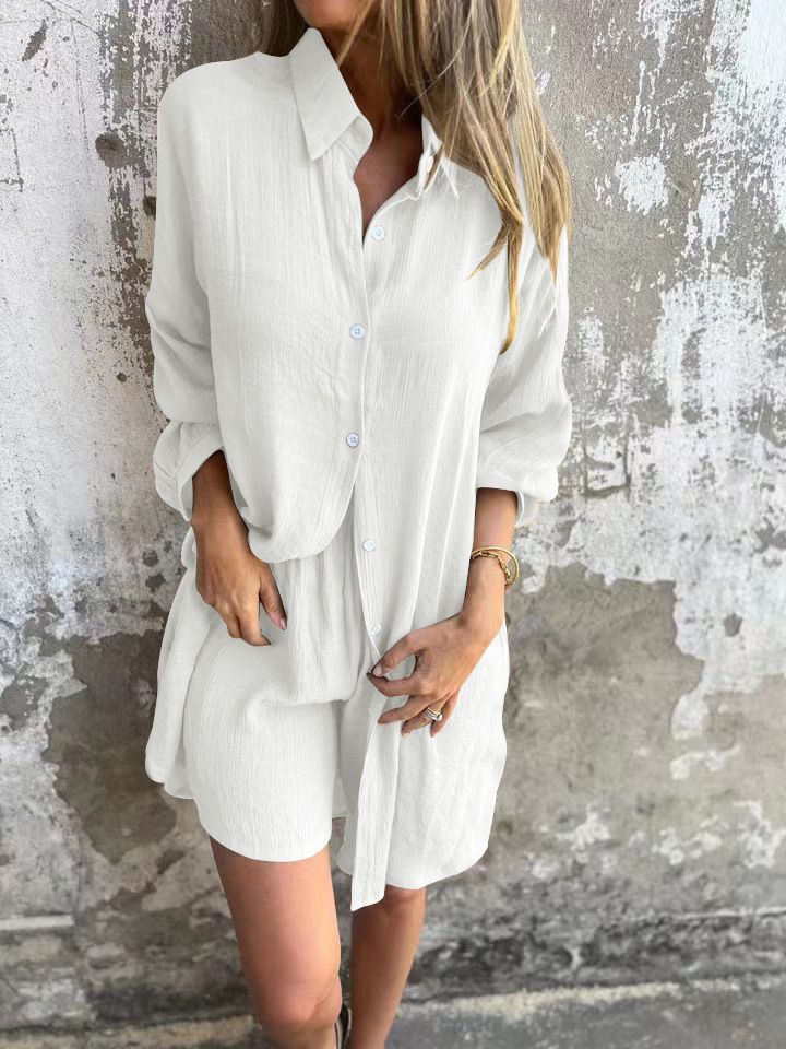 Women's Casual Solid Color Cotton Linen Shorts Long Sleeved Wrinkled Shirt Two Piece Suit Style_ecoleips.com