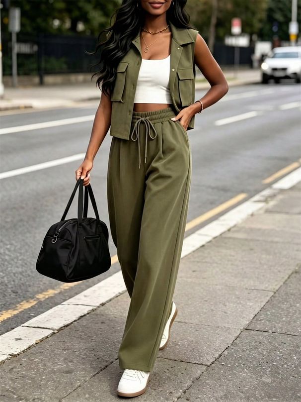 Women's 3-Piece Casual Lounge Set, Zip-Front Jacket With Large Pockets, Sleeveless Tank Top, And Drawstring Pants_ecoleips.com