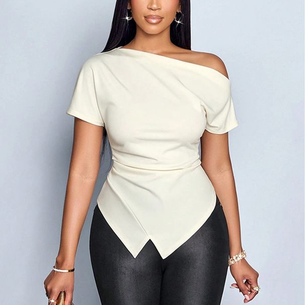 2025 Summer Women's Solid Color Simple Asymmetrical Neckline Irregular Hem Short Sleeve Slimming Top 2026 New Model_ecoleips.com