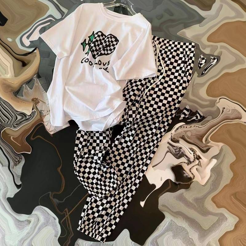 Sportswear Suit Checkerboard Women's Summer New Thin Style Trendy Brand Casual Loose Fashion Summer Plaid Pants Two Piece Suit_ecoleips.com