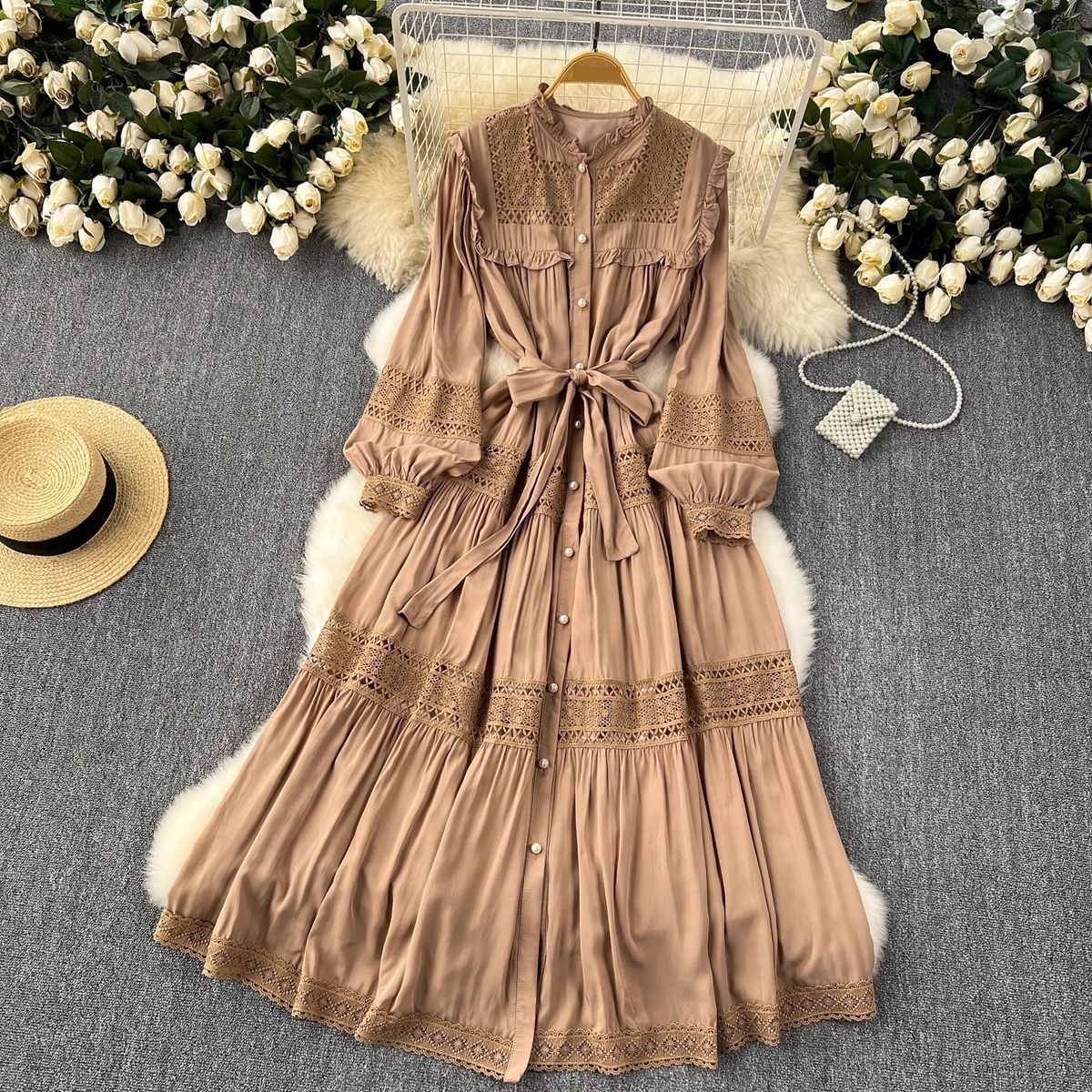 Women's Clothing Cool Style Dress Heavy Lace Patchwork Receiving Waist Strap Temperament Long Swing Holiday Dress_ecoleips.com