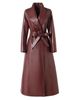 Elegant Long Trench PU Leather Coat For Women | Vintage-Inspired Belted Faux Leather Jacket | Plus Size Overcoat In Black, Anchora Red & Chocolate_ecoleips.com