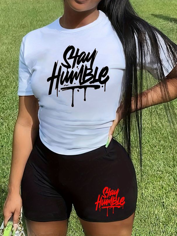 Summer Women's Casual Fashion Stay Humble Letter Graphic Printed Loose T-shirt Shorts Two Piece Set Sportswear Suitable For Daily Wearing-135_ecoleips.com
