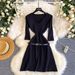 Retro Commuter Knit Dress – V-Neck Short Sleeve A-Line Skirt With Belt For Women (3 Classic Colors) Strategic Seam Placement_ecoleips.com