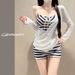 Retro Stripe Bikini Set 3-Piece Long Sleeve Cover Up Swimsuit Pure & Sexy Style For Women_ecoleips.com