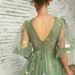 Green Tulle Evening Gown Floor Length V Neck Floral Print Puff Sleeves Sexy Long Dress Style Ball Dress_ecoleips.com