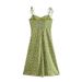 2025 New European American Fashion V-neck Green Floral Print Dress With Shoulder Ties And Slit For Women_ecoleips.com