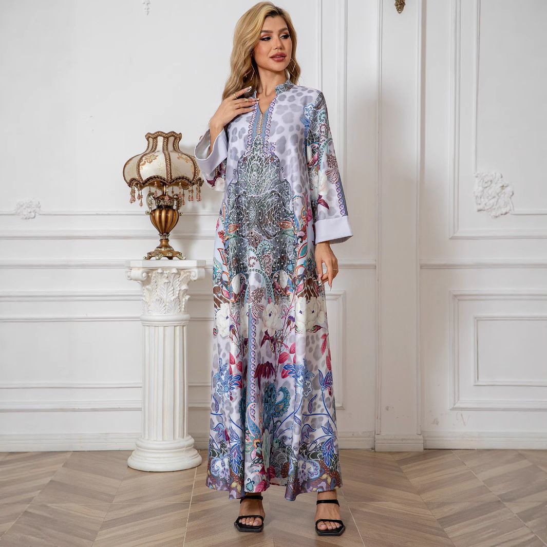 Muslim Women's Long Robe With Printed Diamonds And Beads Kaftan Dress_ecoleips.com