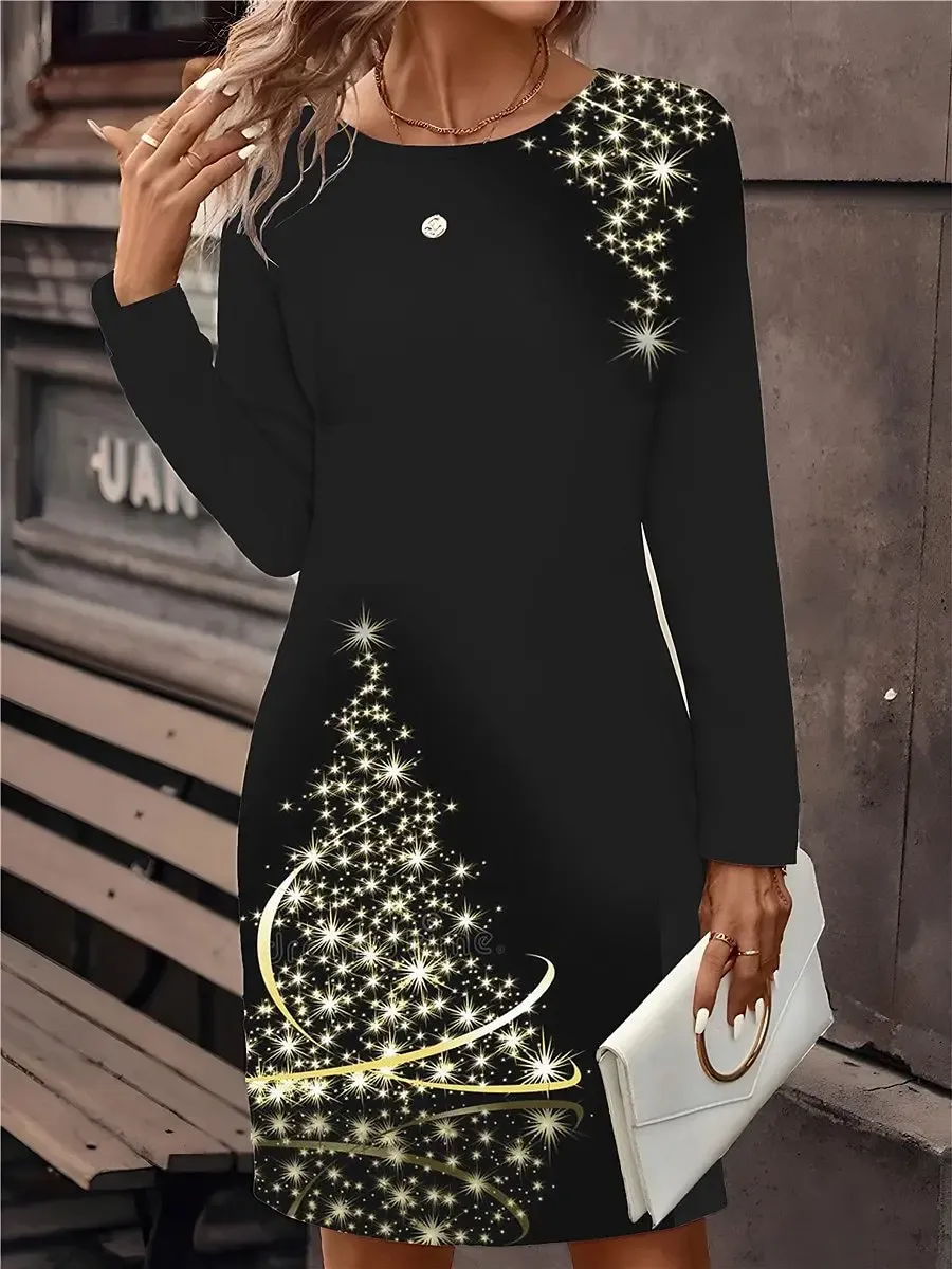 Women's Black Christmas Mini Pullover Dress Casual Christmas Snowflakes Wine Glass Print Dress Long Sleeve O Neck Winter Woman_ecoleips.com