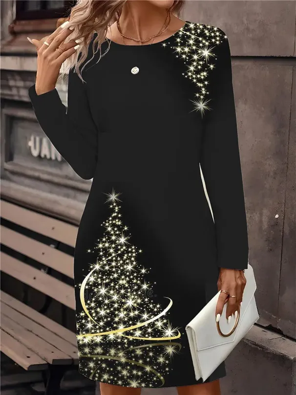 Women's Black Christmas Mini Pullover Dress Casual Christmas Snowflakes Wine Glass Print Dress Long Sleeve O Neck Winter Woman_ecoleips.com