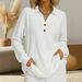Women's Clothing Fashionable V Neck Button Up Waffle Knit Top Women's Loose Pullover Long Sleeve Solid Color European American Style_ecoleips.com