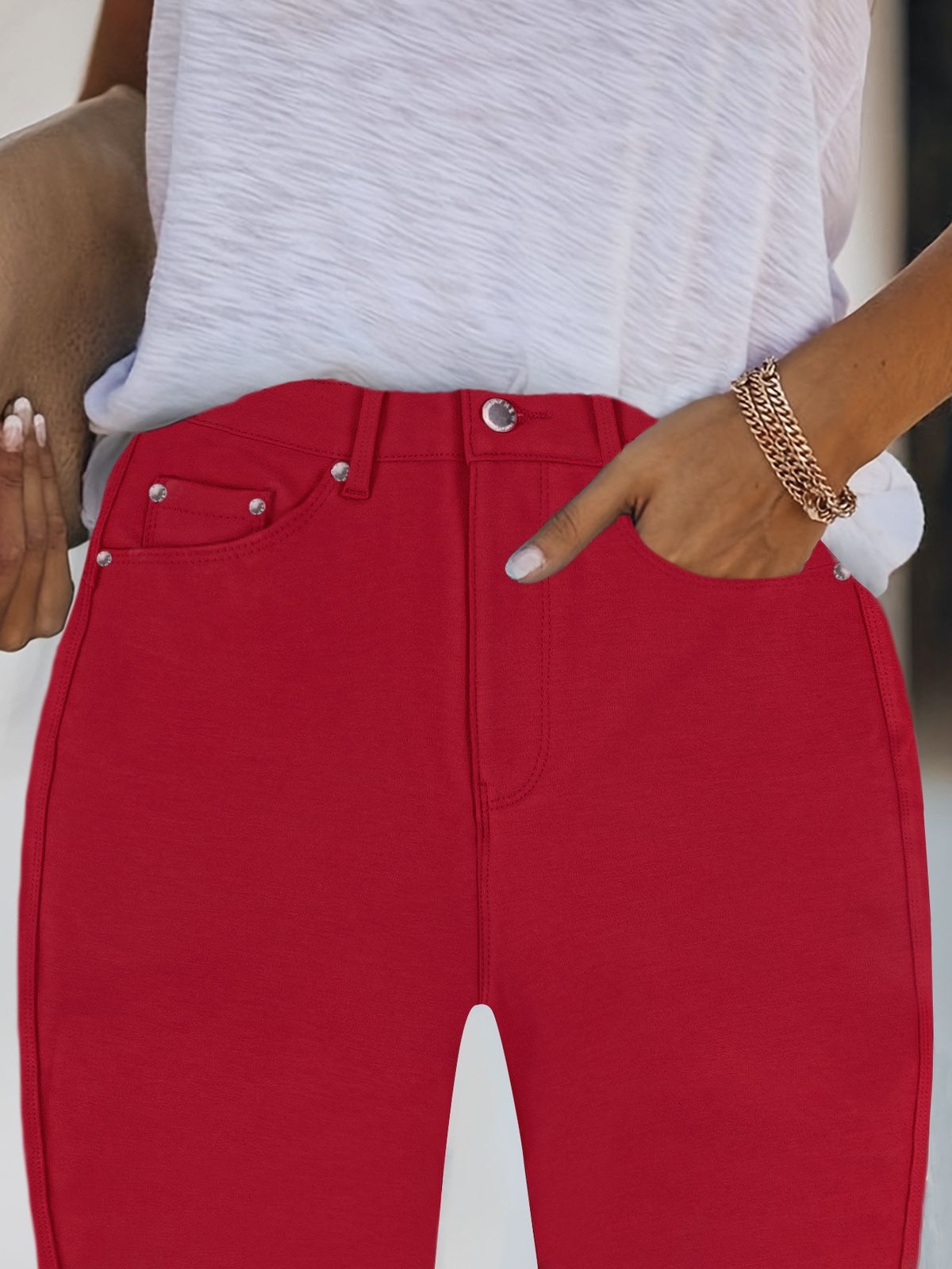 Women’s Clothing Women's High Waist Stretch Jeans Street Style Skinny Jeans Smart Casual Wear Solid Color Metallic_ecoleips.com
