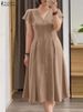 2024 ZANZEA Fashion Women's Dress Summer Short Sleeve Pleated Sundress Elegant V Neck Dress Causal Robe Femme Solid OL Vestido_ecoleips.com
