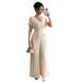 2026 New Model Commuting European And American Style Fashionable Elegant Solid Color V-Neck Short Sleeve Waist-Cinching_ecoleips.com
